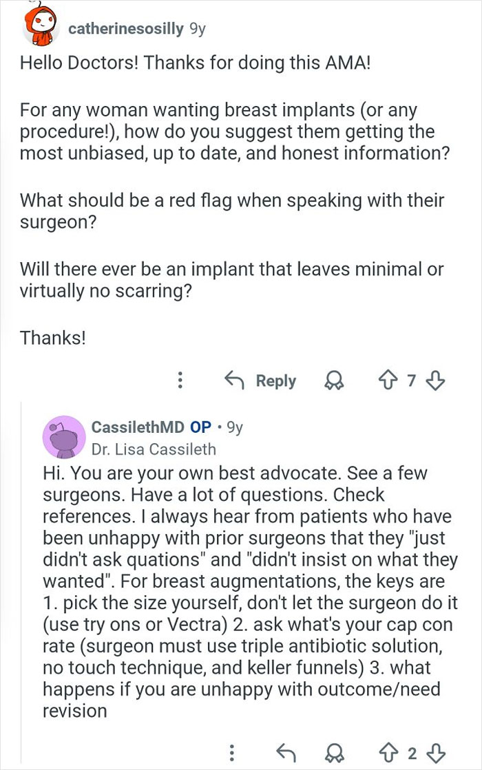 Reddit AMA discussing honest answers from plastic surgeons about breast implants and cosmetic work advice.
