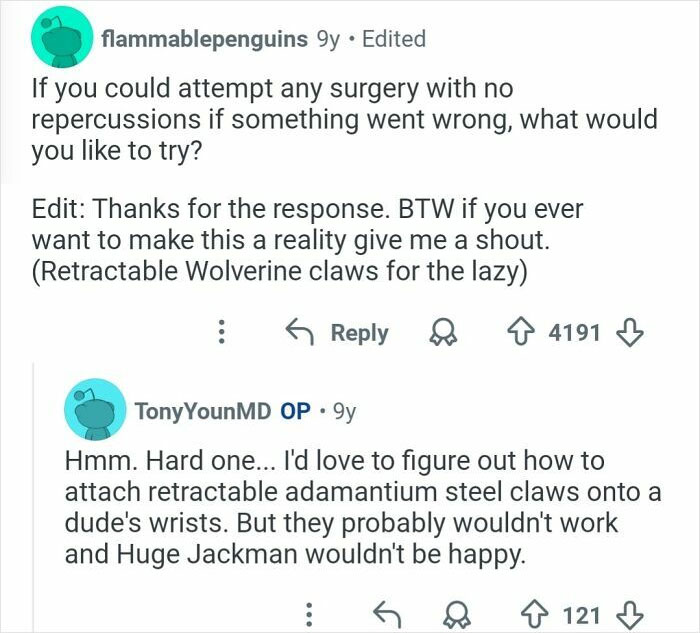 Reddit conversation about innovative surgery ideas, featuring plastic surgeon's humorous take on retractable claws.