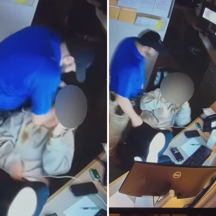 Blurred faces in a disturbing scene involving police chief and 18-year-old dispatcher in a workplace setting captured on video.