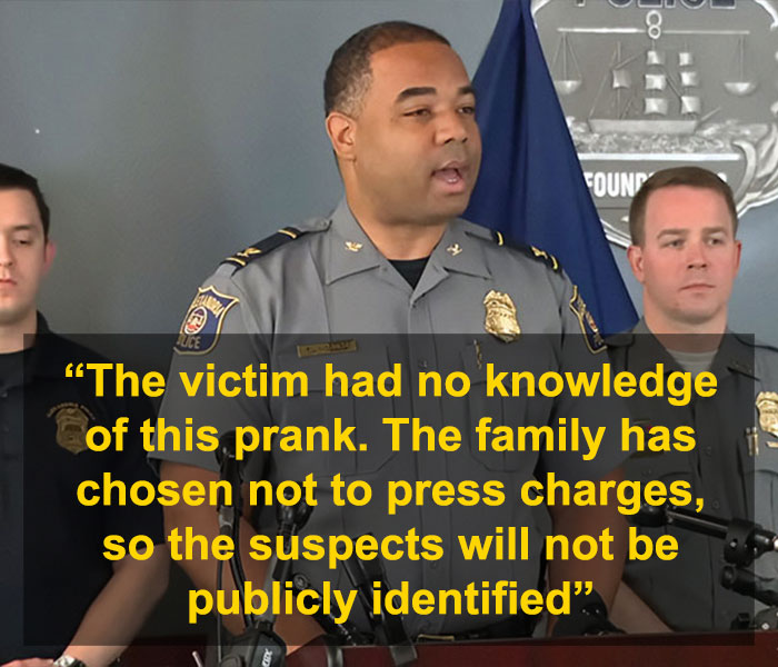 Police officer speaking at a press conference about the disturbing doorbell prank involving a masked trio and its staggering twist.