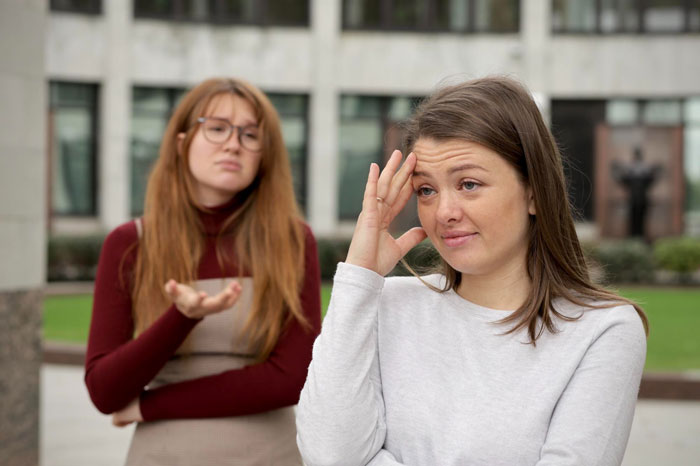 Two women outdoors, one frustration with vegan sister over grandma&rsquo;s leather shoes being taken and planned to sell.