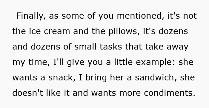 Alt text: Screenshot of a message describing how small tasks from a pregnant bedridden wife affect a man's work time.