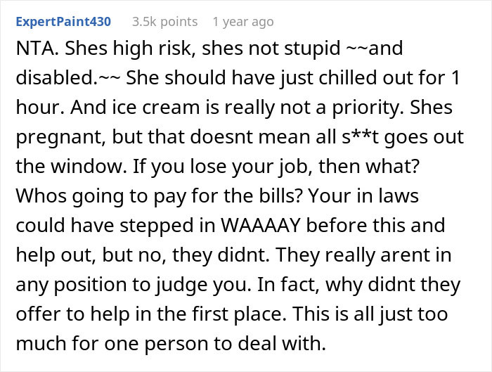 Comment discussing a man snapping at his pregnant bedridden wife for disrupting a work meeting and being needy.