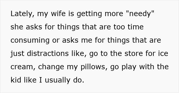 Text showing a man frustrated with his pregnant bedridden wife for being needy and disrupting his work meeting.