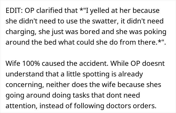 Text excerpt discussing a man snapping at his pregnant bedridden wife over her being needy and disrupting his work meeting.