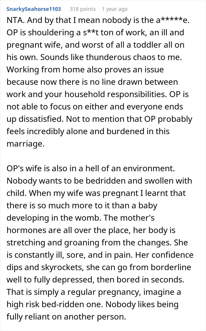 Screenshot of a detailed Reddit comment discussing challenges of a man snapping at his pregnant bedridden wife during work meetings.