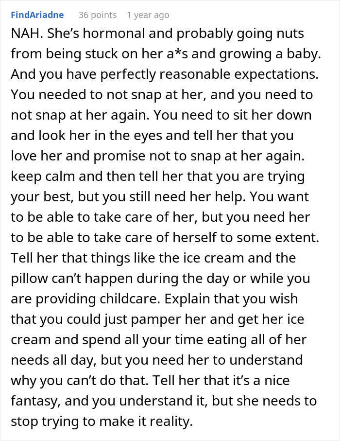 Comment discussing a man snapping at his pregnant bedridden wife for being too needy and disrupting his work meeting.