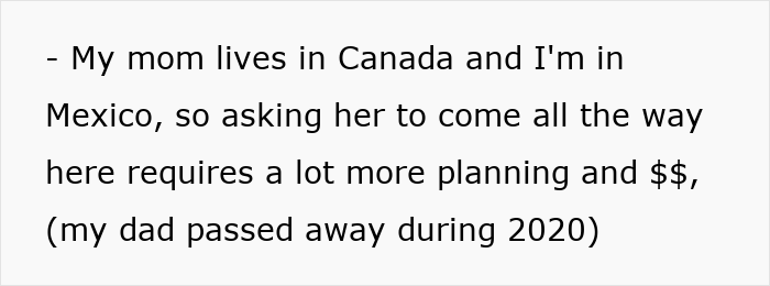 Text excerpt discussing family distance and planning logistics, related to a pregnant bedridden wife being needy during a work meeting.