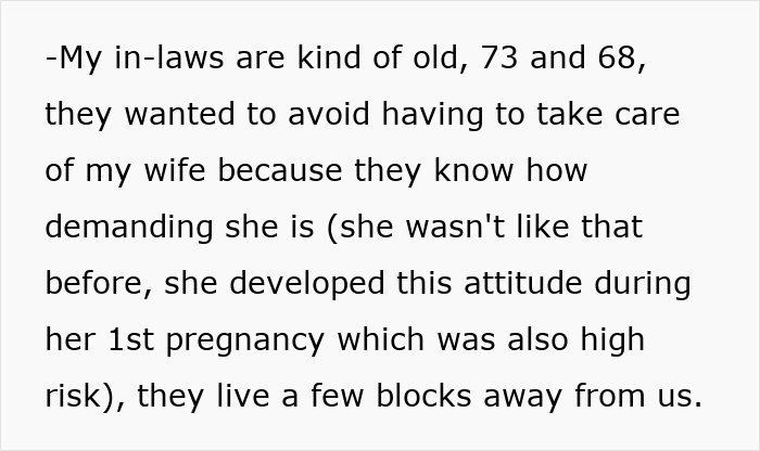 Text excerpt discussing demanding pregnant wife and in-laws avoiding caregiving, highlighting needy and bedridden aspects.