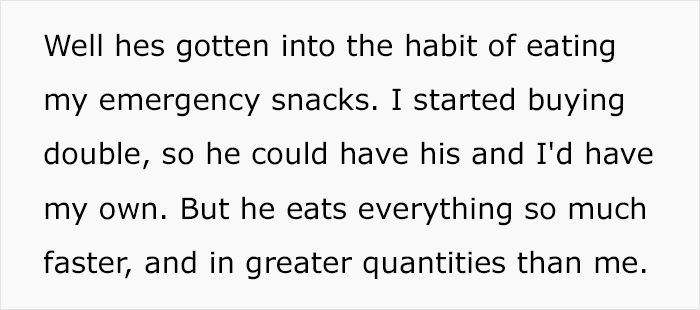 Text excerpt about a pregnant woman frustrated with her husband who eats her emergency snacks too quickly. Text excerpt about a pregnant woman frustrated with her husband who eats her emergency snacks too quickly.
