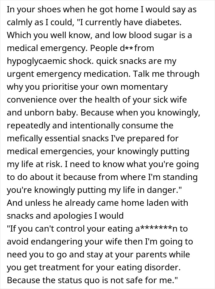 Pregnant woman upset as husband eats emergency snacks meant for medical low blood sugar treatment. Pregnant woman upset as husband eats emergency snacks meant for medical low blood sugar treatment.
