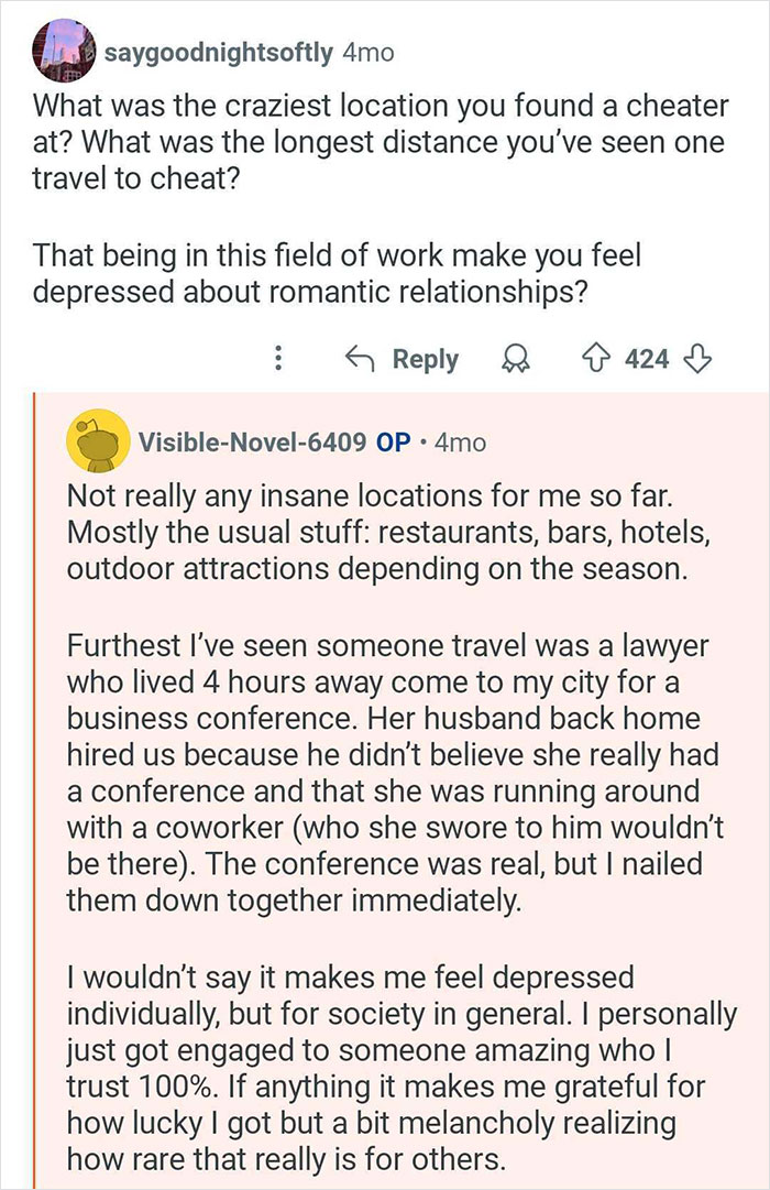 Conversation between a user and private investigator about cheating locations and relationship impacts seen by a cheating investigator