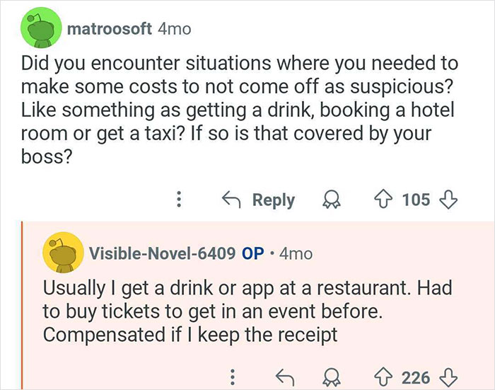 Screenshot of a conversation discussing costs and tactics used by a private investigator who catches cheaters.