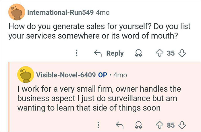 Screenshot of a Reddit conversation about generating sales and working in private investigation surveillance.