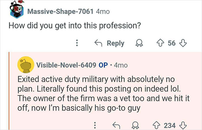 Comment thread showing a user explaining how they became a private investigator who catches cheaters after military service.
