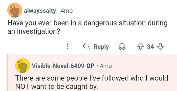 Reddit conversation about dangerous situations faced by private investigator catching cheaters during investigations.