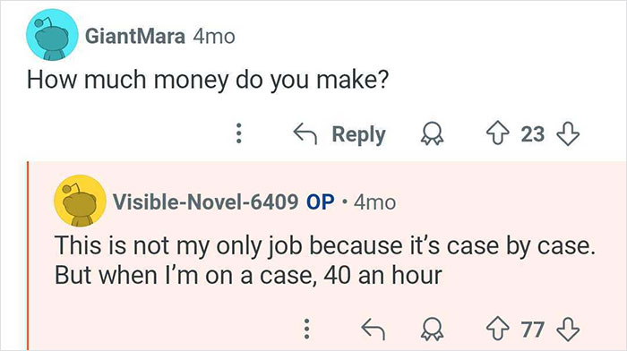 Reddit conversation about a private investigator discussing earnings from catching cheaters case by case.