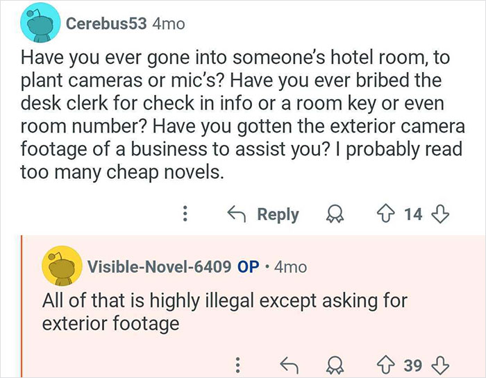 Screenshot of a conversation discussing private investigator tactics related to catching cheaters and legal boundaries.