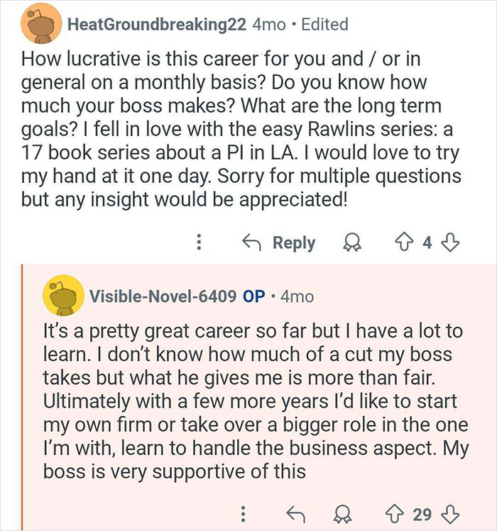 Reddit conversation about the career and experiences of a private investigator who catches cheaters.