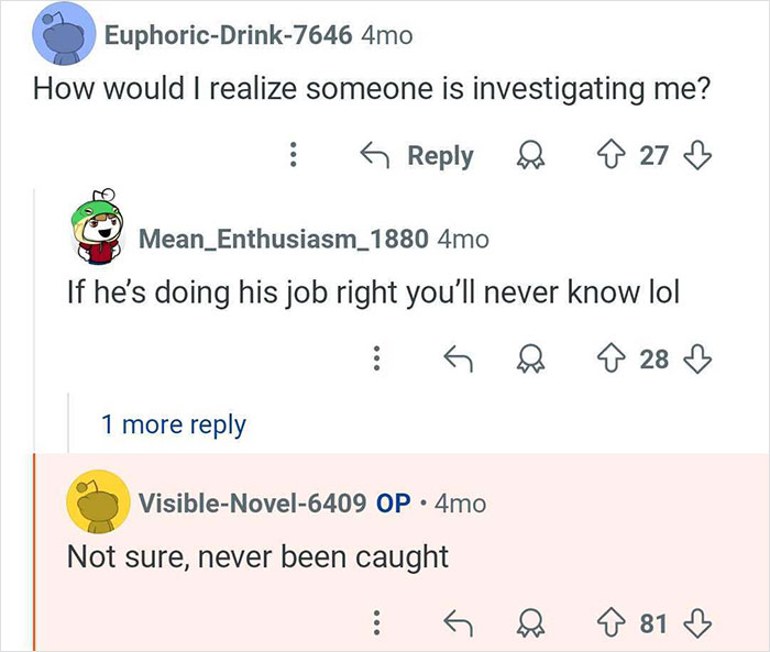 Online conversation showing comments about how to realize if a private investigator is catching cheaters.