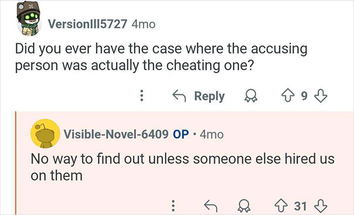 Screenshot of an online conversation about cheating cases shared by a private investigator who catches cheaters.