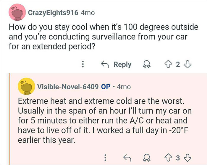 Screenshot of a conversation discussing challenges of conducting surveillance in extreme heat for a private investigator.