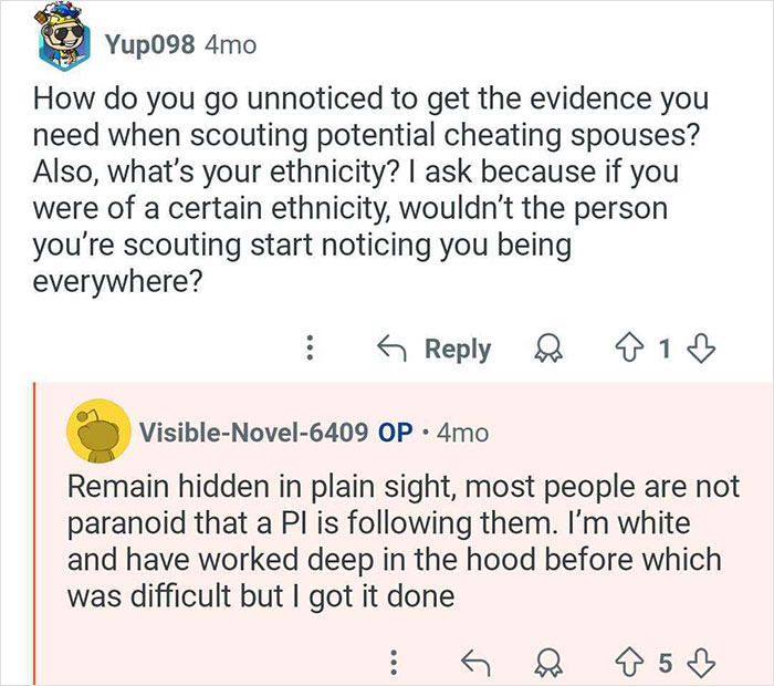 Screenshot of an online discussion about how a private investigator uncovers cheating spouses and stays unnoticed.