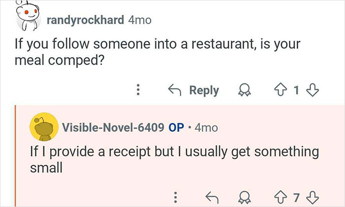 Screenshot of a Reddit discussion featuring users talking about following someone into a restaurant and meal compensation.
