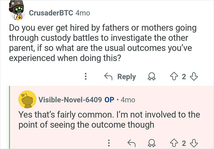 Screenshot of a discussion about private investigator experiences with custody battles and catching cheaters outcomes.