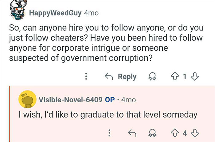 Screenshot of a Reddit conversation discussing hiring private investigators to follow cheaters and investigate suspicions.
