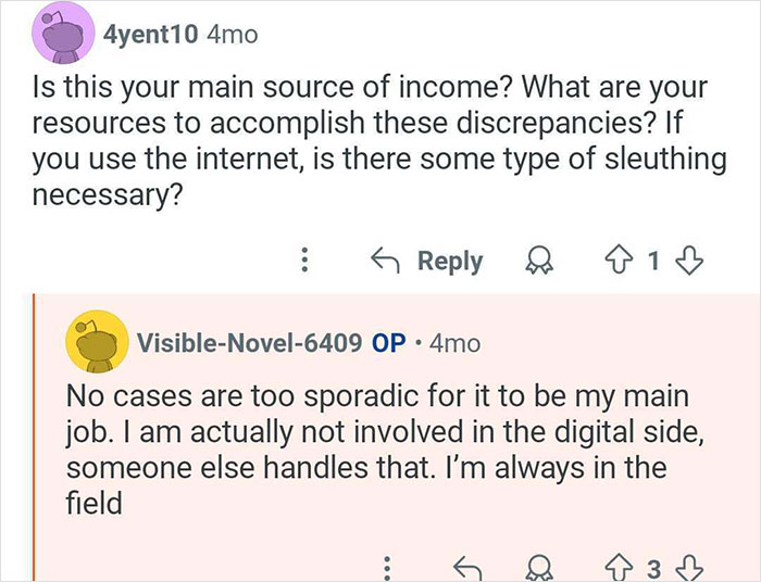 Reddit conversation about a private investigator who catches cheaters discussing sources and fieldwork experience.