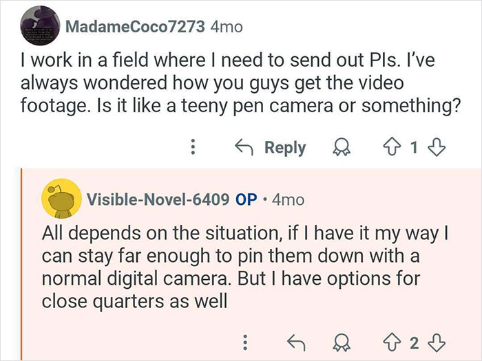 Social media conversation about private investigators using cameras to catch cheaters and gather video evidence.