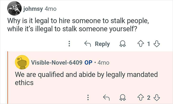 Screenshot of an online discussion about the legality and ethics behind hiring a private investigator to catch cheaters.