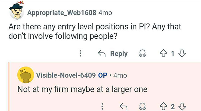 Screenshot of online discussion about entry level positions in private investigation related to catching cheaters and surveillance tasks.