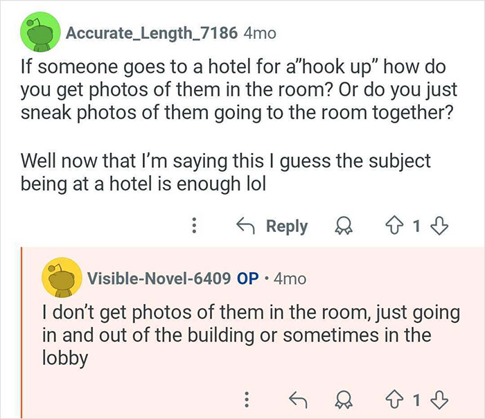 Private investigator sharing insights on how cheaters are caught through surveillance outside hotel rooms.