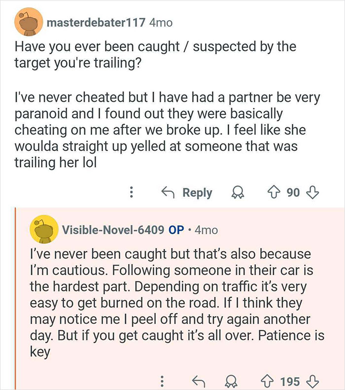 Reddit users discuss experiences and challenges of catching cheaters, highlighting patience and caution in private investigator work.