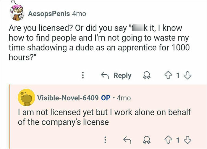 Screenshot of an online conversation discussing licensing and experience of a private investigator who catches cheaters.