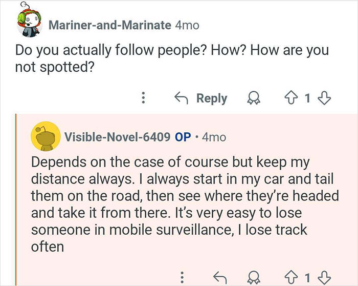 Screenshot of online conversation about private investigator techniques for catching cheaters in mobile surveillance scenarios.