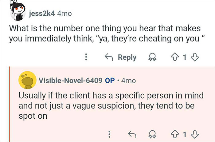Reddit conversation about spotting cheaters, highlighting insights from a private investigator who catches cheaters.
