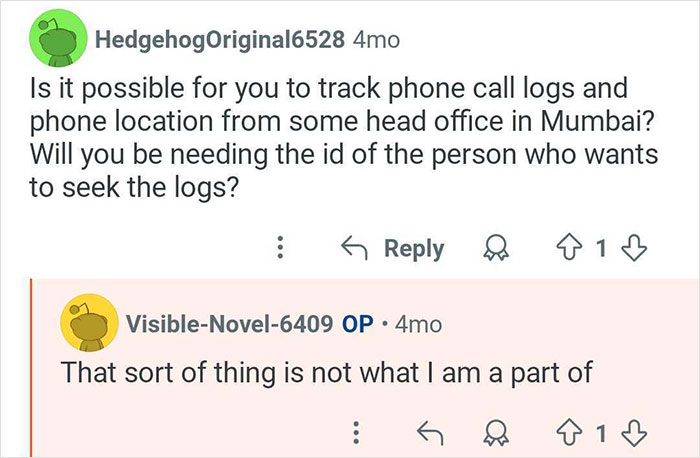 Text exchange about tracking phone call logs and phone location, related to private investigator catching cheaters.