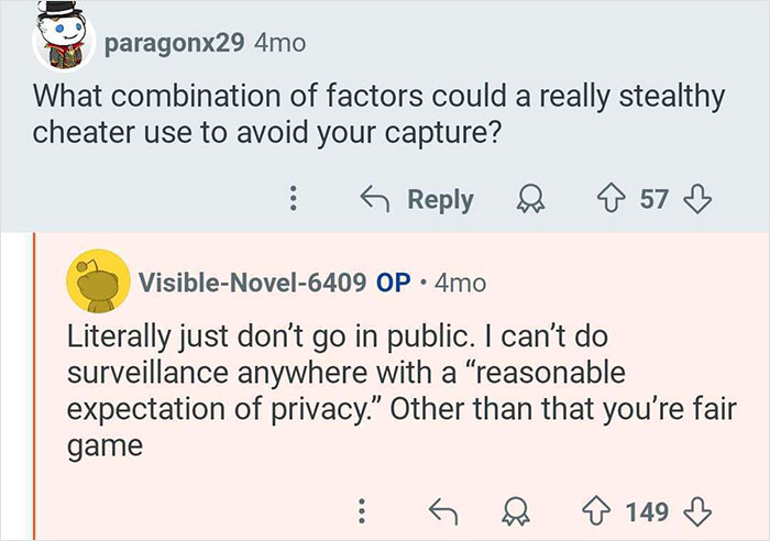 Screenshot of a conversation about how stealthy cheaters avoid capture, related to private investigator insights on cheating.