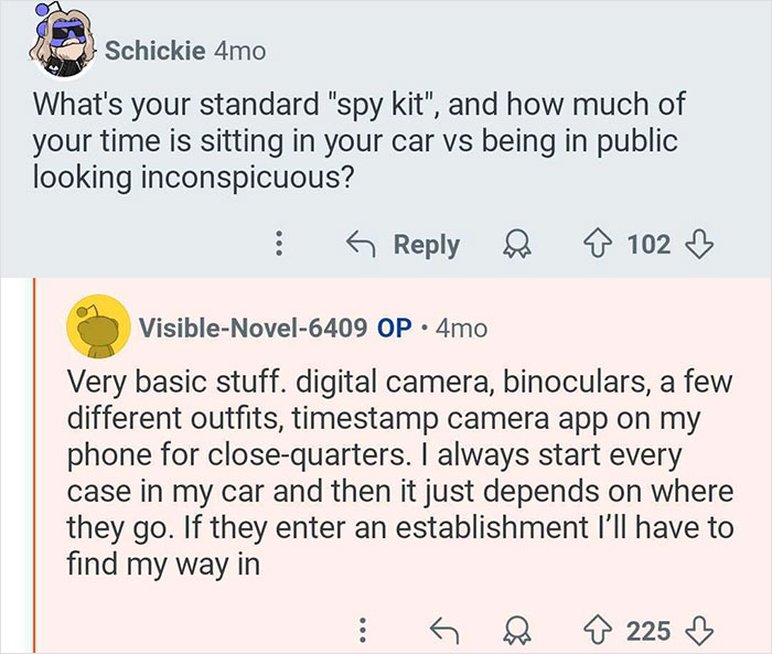Screenshot of a private investigator discussing spy kit and time spent tracking cheaters in cars and public places.