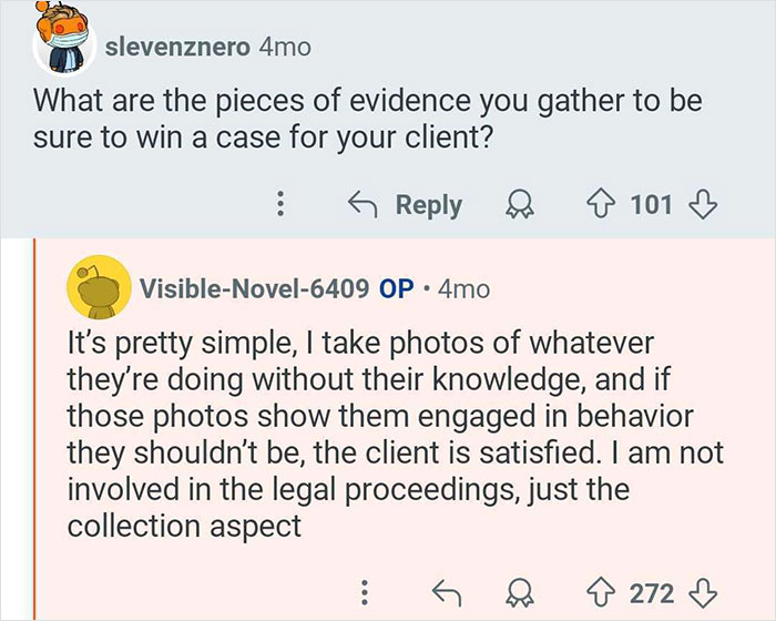 Conversation about evidence collection methods used by a private investigator specializing in catching cheaters.