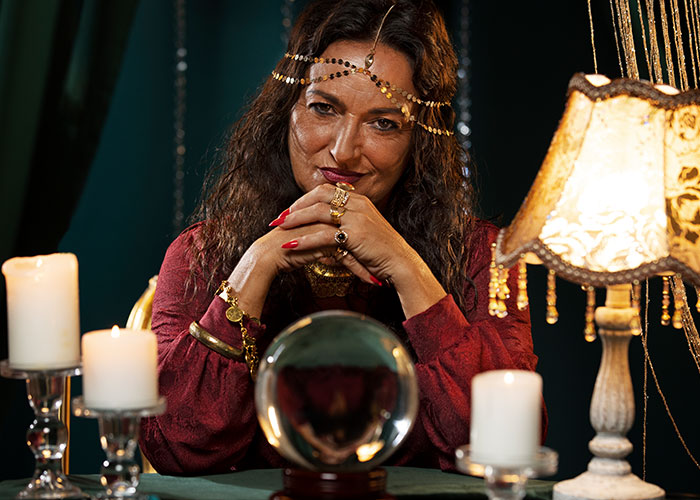 Female psychic with crystal ball and candles predicting accurate psychic readings in a mystical setting.