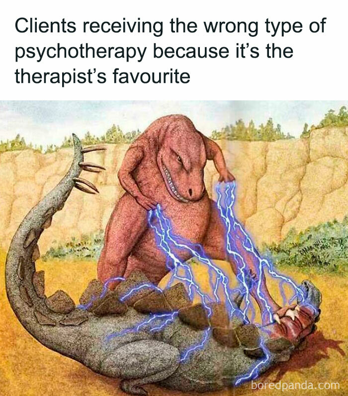 Dinosaurs battling with electric powers illustrating psychology memes about how the human mind works in therapy contexts.