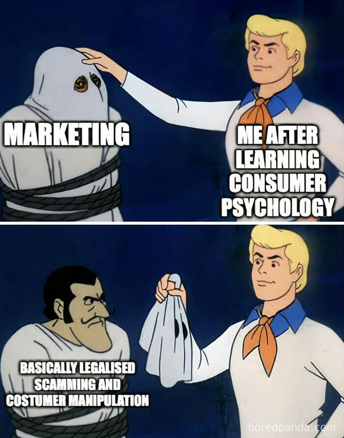 Classic cartoon meme showing psychology revealing the truth about marketing and consumer psychology manipulation.