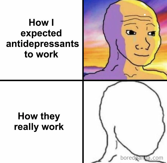 Psychology meme contrasting expectations and reality of how antidepressants affect the human mind and emotions.