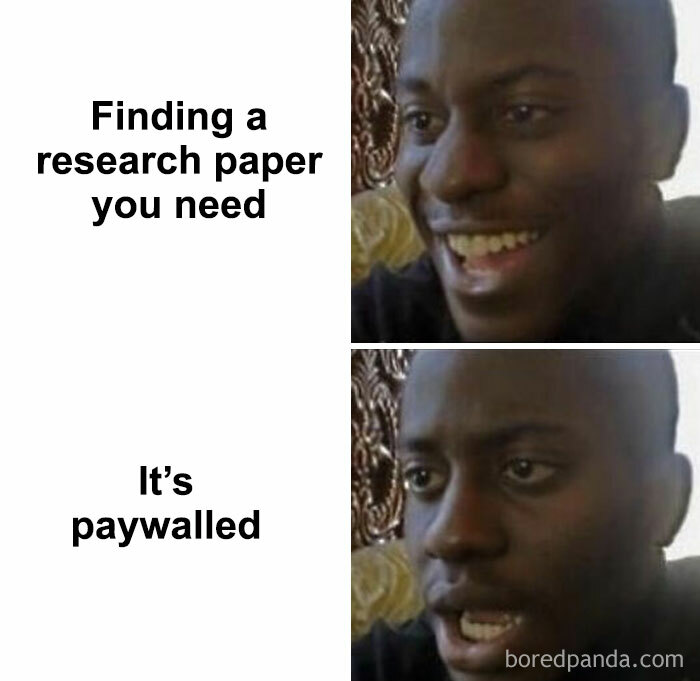 Man's happy face turning to disappointment, illustrating psychology memes about how the human mind reacts to paywalled research papers.