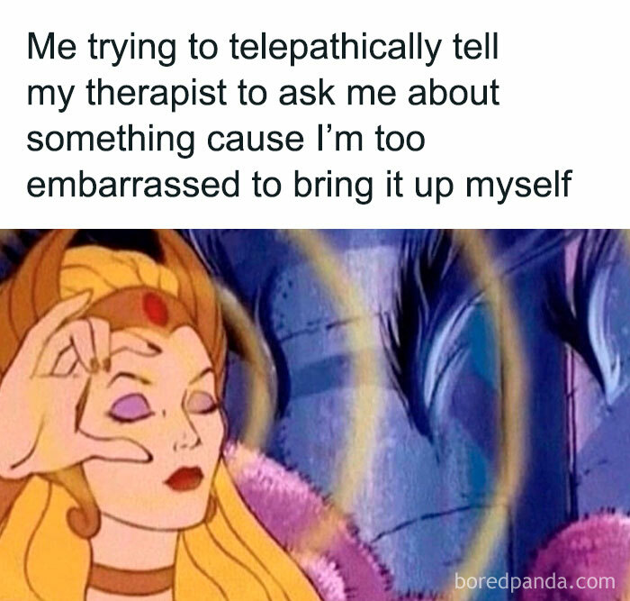 Cartoon character concentrating with closed eyes, representing psychology memes about how the human mind works.