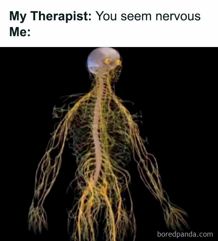 Nervous human nervous system illustration meme humor capturing how the human mind works in psychology context.